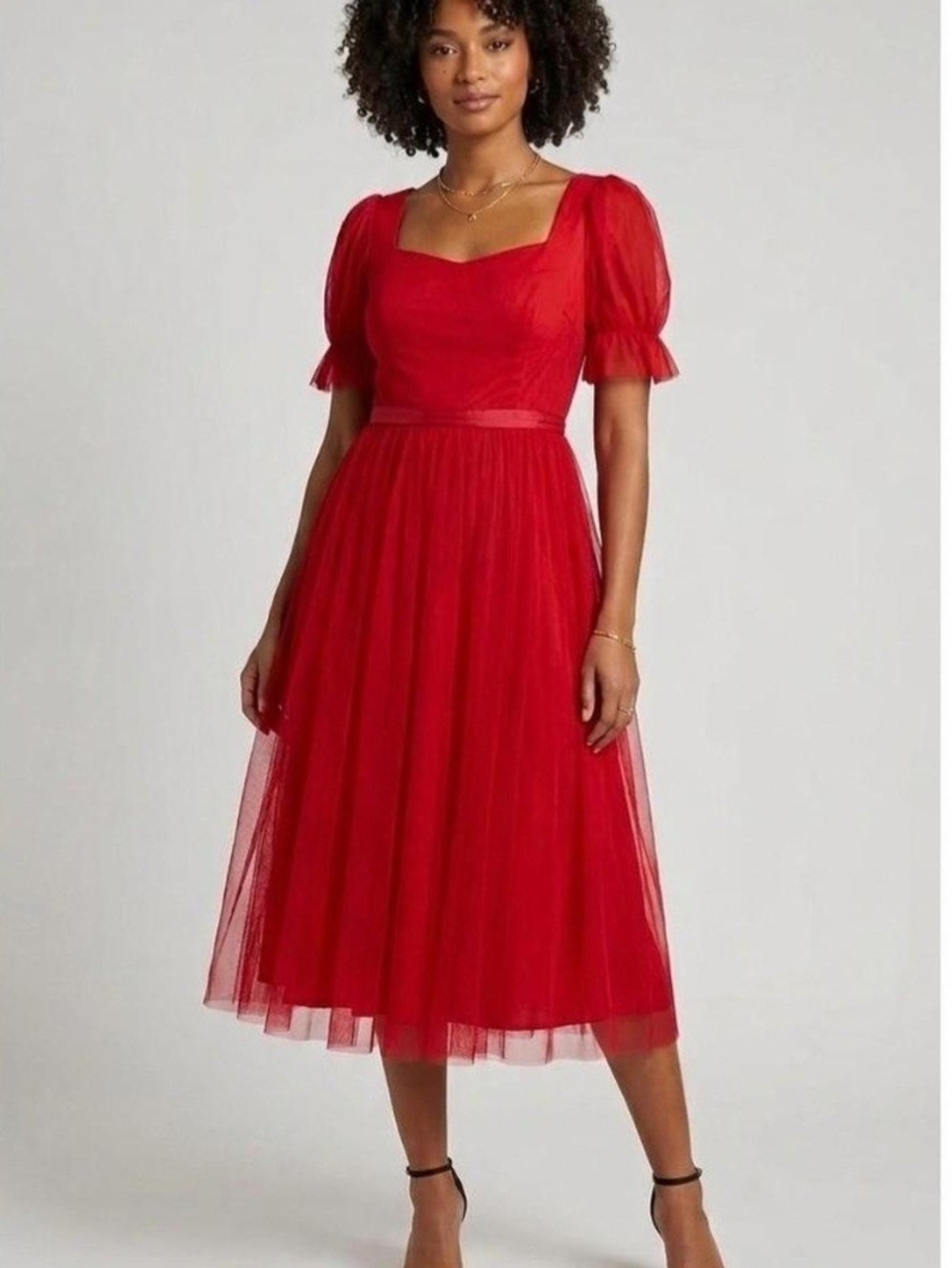 Red Midi Tulle Dress with Puff Sleeves Ivy City Co 1XL EUC Romantic Ballerina
